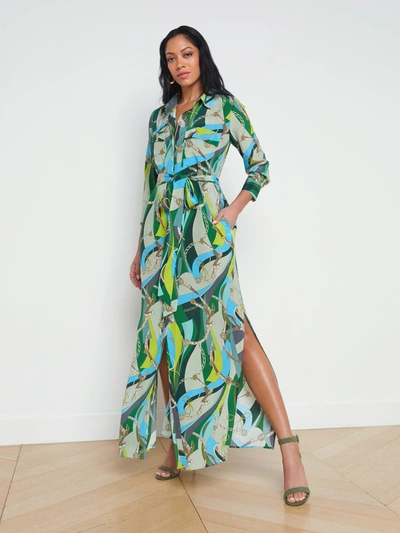 L Agence Cameron Silk Maxi Shirtdress In Sea Green Multi Belt Swirl