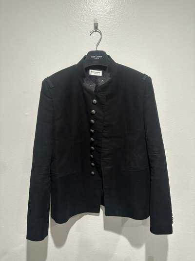 Pre-owned Saint Laurent Brushed Suede Officer Jacket Size 52 In Black