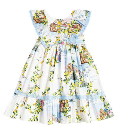 Patachou Kids' Lace-trimmed Printed Cotton Dress In Blue