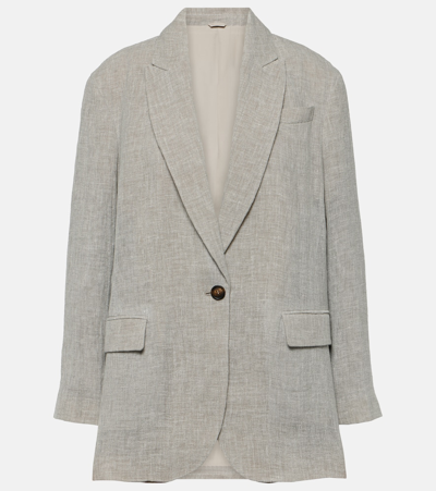 Brunello Cucinelli Oversized V-neck Linen-blend Blazer In Grey