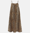Ganni Short Sleeved Silk Stretch Satin Ruched Slip Midi Dress In Leopard In Brown