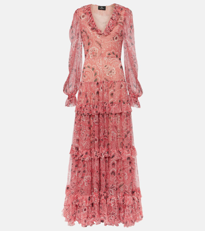Etro Ruffled Tiered Paisley Silk Gown In Pink