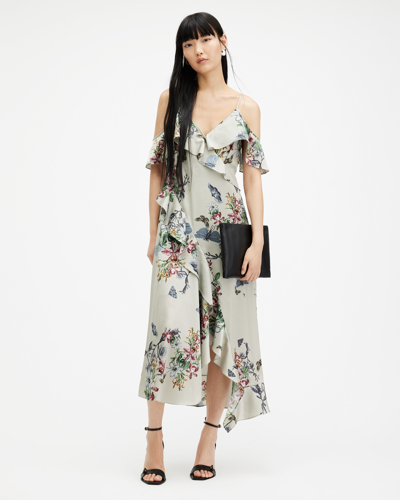 Allsaints Orion V-neck Floral Print Midi Dress In Taupe Grey