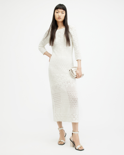 Allsaints Briar Lace Long Sleeve Slim Midi Dress In Chalk White