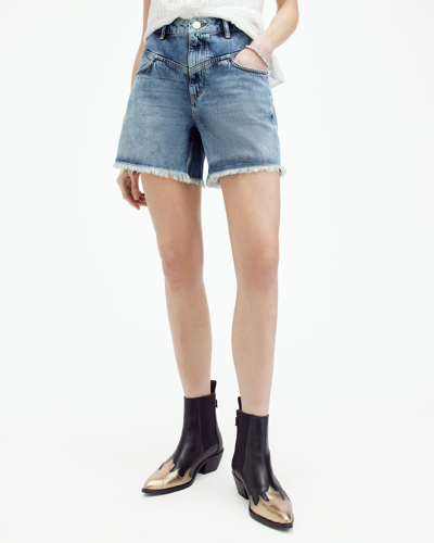 Allsaints Emmy High Rise Denim Mid Length Shorts In Vintage Indigo