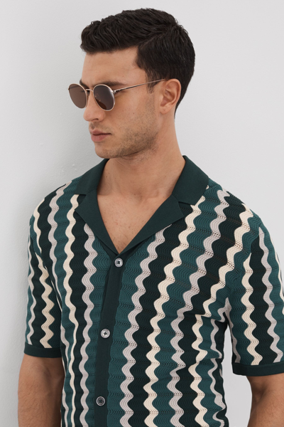 Reiss Waves - Green Multi Knitted Cuban Collar Shirt, M