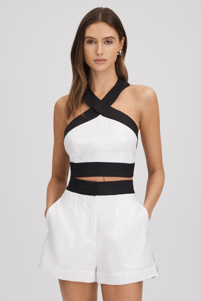 Reiss Rebecca Halter-neck Colour-block Cropped Linen Top In White/navy