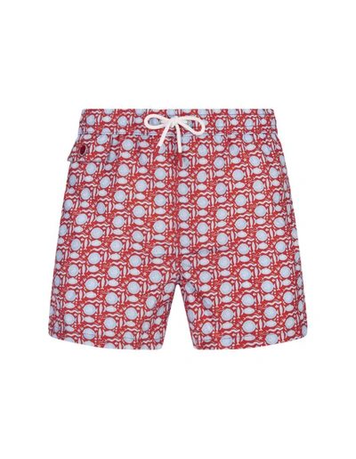 Kiton Red Swim Shorts With Fish Pattern