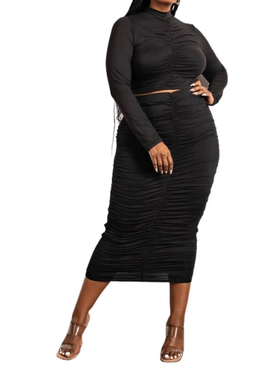 The Curve Two Piece Long Sleeve Ruched Top And Skirt Set In Black