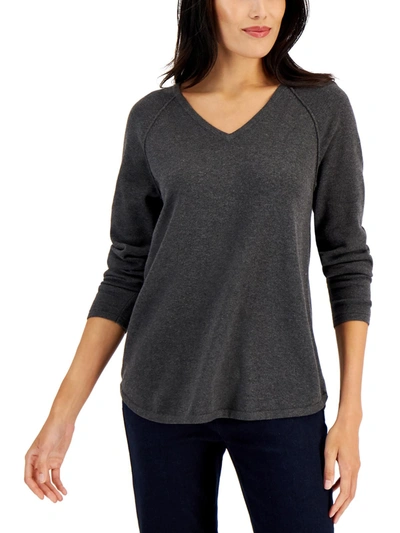 Karen Scott Womens Cotton V-neck Pullover Sweater In Grey