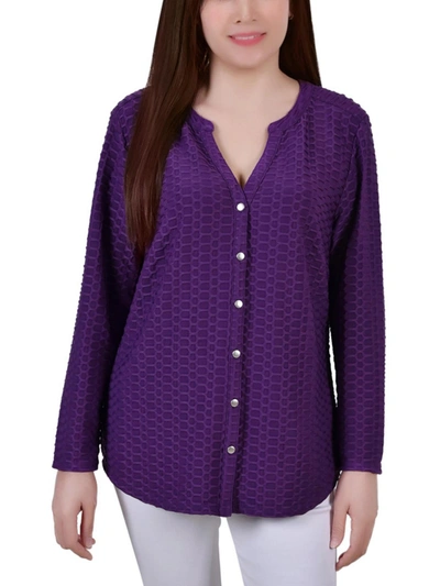 Ny Collection Petites Womens Honeycomb Button Front Tunic Top In Purple
