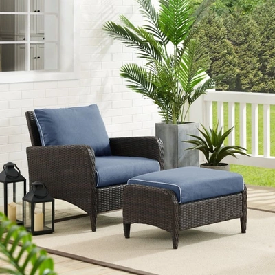 Crosley Furniture Kiawah 2-piece Outdoor Wicker Arm Chair And Ottoman Set In Blue