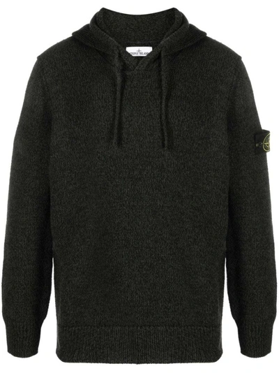 Stone Island Compass-patch Ribbed-knit Mélange Knitwear Hoodie In Black