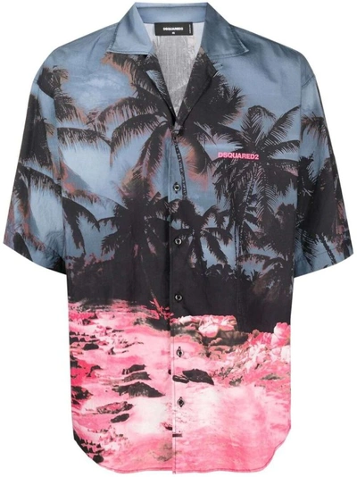 Dsquared2 Palm Tree-print Short-sleeved Shirt In Azul