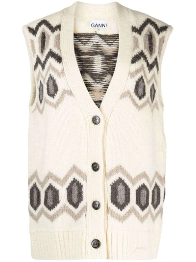 Ganni Graphic Wool Oversized Vest In Neutrals