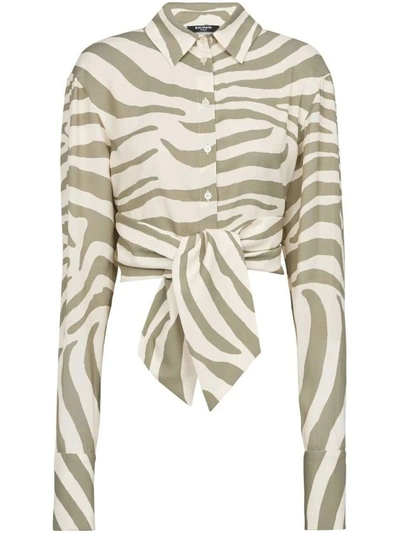 Balmain Animal-print Tie-waist Shirt In Neutrals