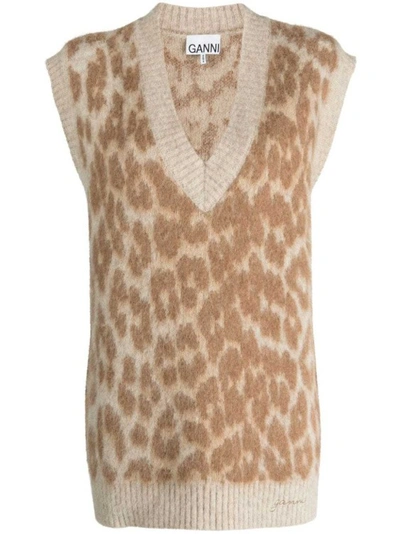 Ganni Leopard Vest In Timber Wolf