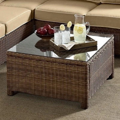 Crosley Furniture Bradenton Outdoor Wicker Square Tempered Glass Top Coffee Table In Brown