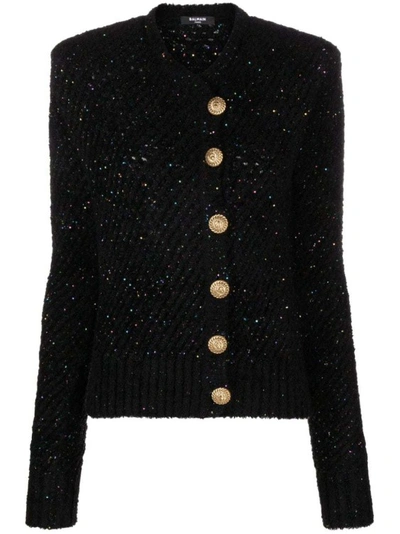 Balmain Sequinned Ribbed-knit Cardigan In Black