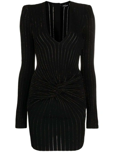 Balmain Ribbed-knit Long-sleeve Dress In Black