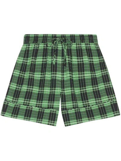 Ganni Tartan Seersucker Drawstring Shorts In Green