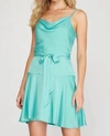 SHE + SKY COWL NECK CAMI SWING DRESS IN AQUA