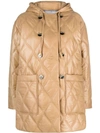Ganni Beige Quilted Down Jacket With Hood In Brown