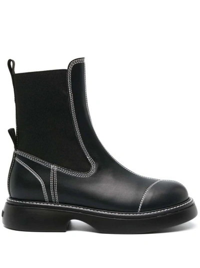 Ganni Topstitched Leather Chelsea Boots In Black