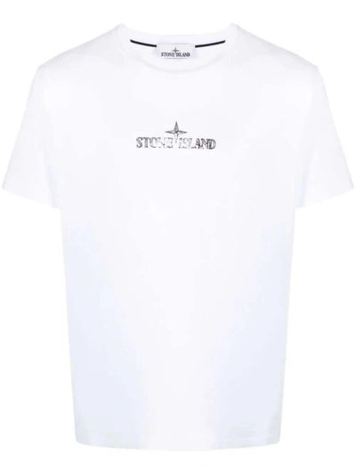 STONE ISLAND LOGO-PRINT WHITE COTTON T-SHIRT