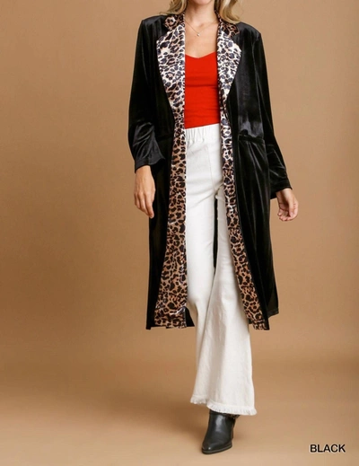 Umgee Duster Kimono With Contrast Leopard Detail In Black Velvet