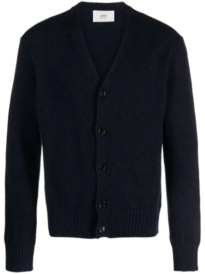 Ami Alexandre Mattiussi V-neck Cashmere-blend Night Blue Cardigan In Black