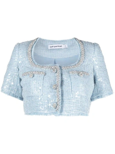 Self-portrait Sequin-embellished Bouclé Tweed Cropped Top In Blue