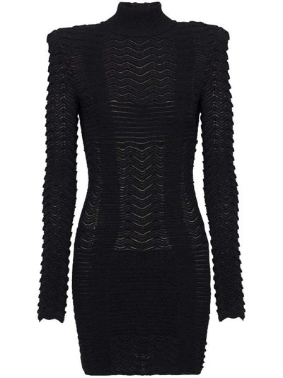 Balmain Long-sleeve Textured Minidress In Black