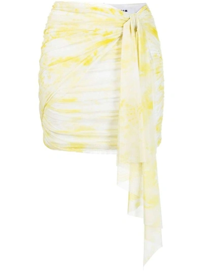 Msgm Graphic-print Ruched Miniskirt In Yellow