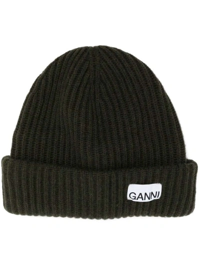 Ganni Dark Green Logo-patch Ribbed-knit Beanie In Black