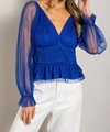 Eesome V Neck Mesh Dot Sleeve Blouse In Royal Blue In Blue