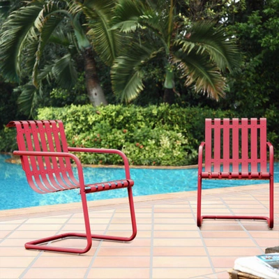Crosley Furniture Gracie Retro Metal Outdoor Spring Chair - Coral Red (set Of 2) In Pink