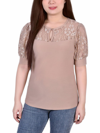 Ny Collection Petite Size Short Puff Sleeve Top With Lace Sleeves And Yoke In Multi