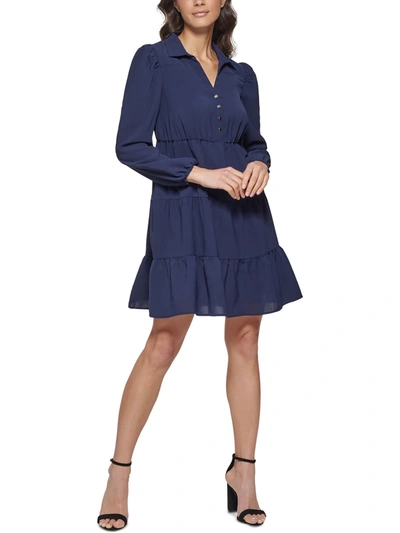 Kensie Collared Tiered Shift Dress In Blue