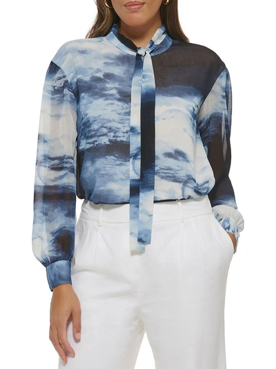 Calvin Klein Womens Cloud Print Tie-neck Wrap Top In Blue