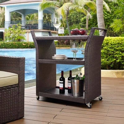 Crosley Furniture Palm Harbor Outdoor Wicker Rolling Bar Cart In Brown
