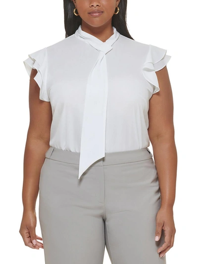 Calvin Klein Womens Ruffled Tie-neck Blouse In White