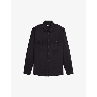 The Kooples Mens Black Patch-pocket Classic-collar Regular-fit Denim Shirt