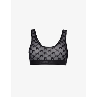 PALM ANGELS PALM ANGELS WOMEN'S BLACK MONOGRAM BRANDED-PRINT LACE BRA