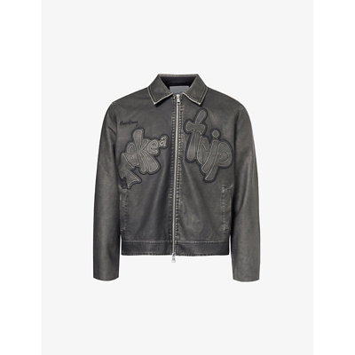 House Of Sunny Mens Onyx Take A Trip Brand-embroidered Faux-leather Jacket