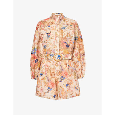 Zimmermann Floral Print Belted Linen Short Playsuit In Beis