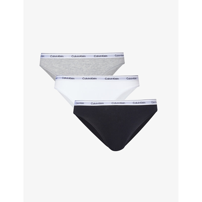 Calvin Klein Womens Blk Wht Grey Modern Branded-waistband Pack Of Three Stretch-cotton Briefs