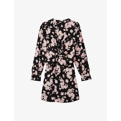 The Kooples Floral-print Twist-front Woven Mini Dress In Black / Pink