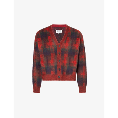 Maison Margiela V-neck Check-pattern Wool-blend Cardigan In Red/green