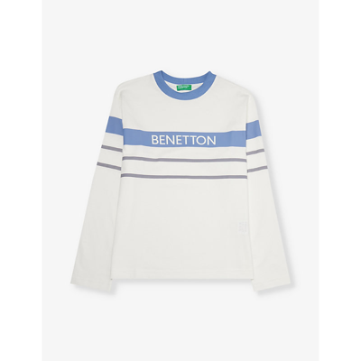 Benetton Boys White Blue Kids Stripe-print Long-sleeve Cotton-jersey Top 6-14 Years